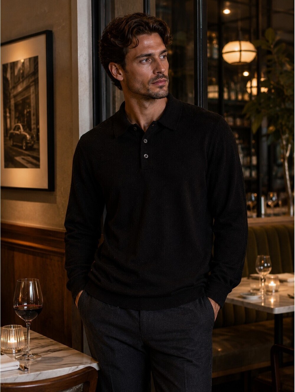 Brooks Brothers Men L 100% Merino Wool Black Long Sleeve Knit Polo Sweater